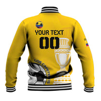 Yellow baseball jacket with striped cuffs and large back print, trophy and soccer ball