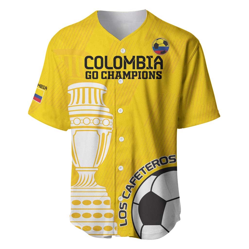 Yellow V-neck football baseball jersey with Colombia flag patch, trophy graphic, front team text.