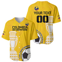 Yellow football baseball jersey, trophy and soccer-ball graphics, button front, black lettering.