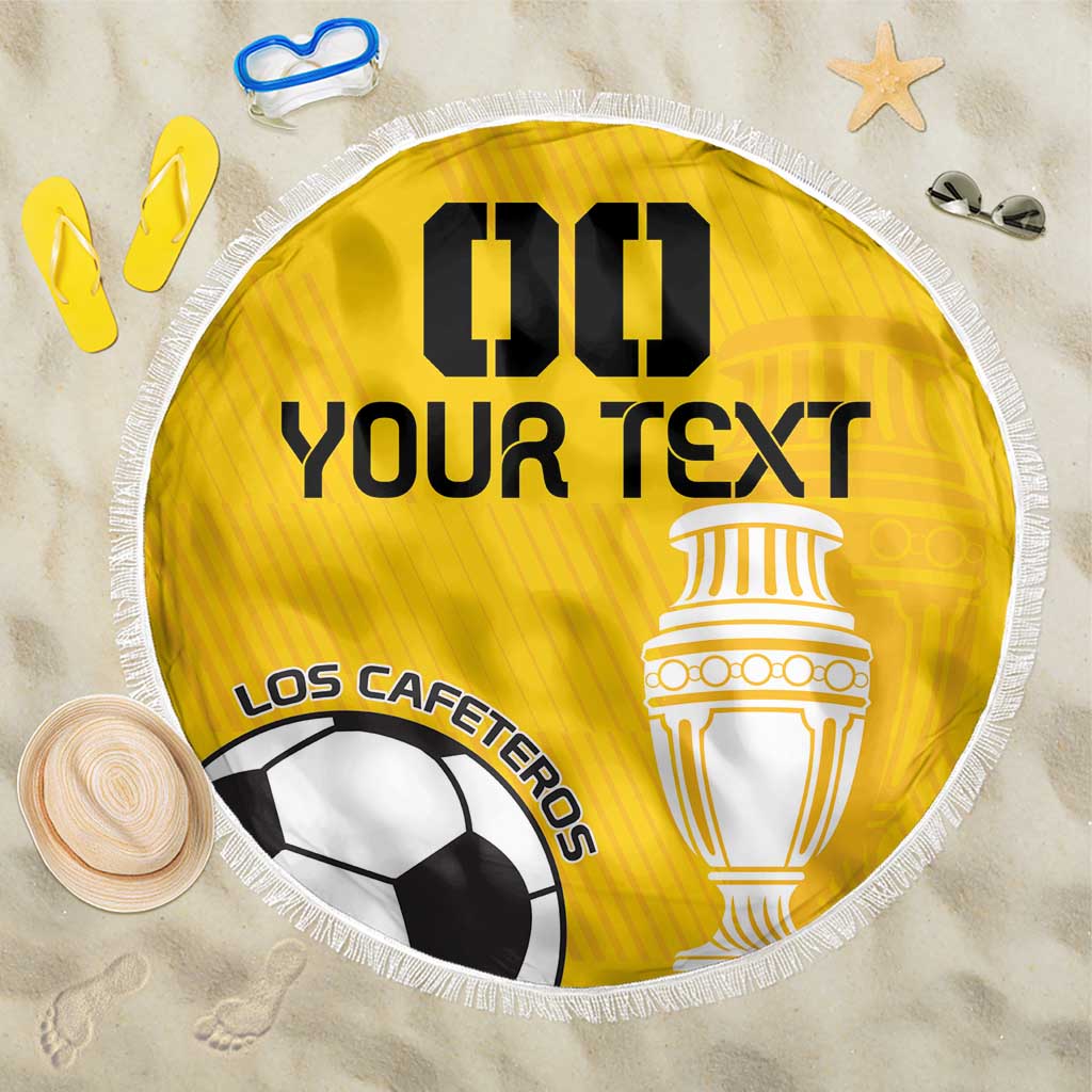 Yellow round beach blanket with white fringe, printed soccer ball and trophy graphic