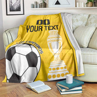 Yellow custom football blanket with black text and trophy graphic