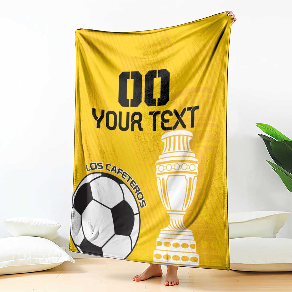 Yellow custom blanket featuring bold numbers, text, trophy and soccer ball