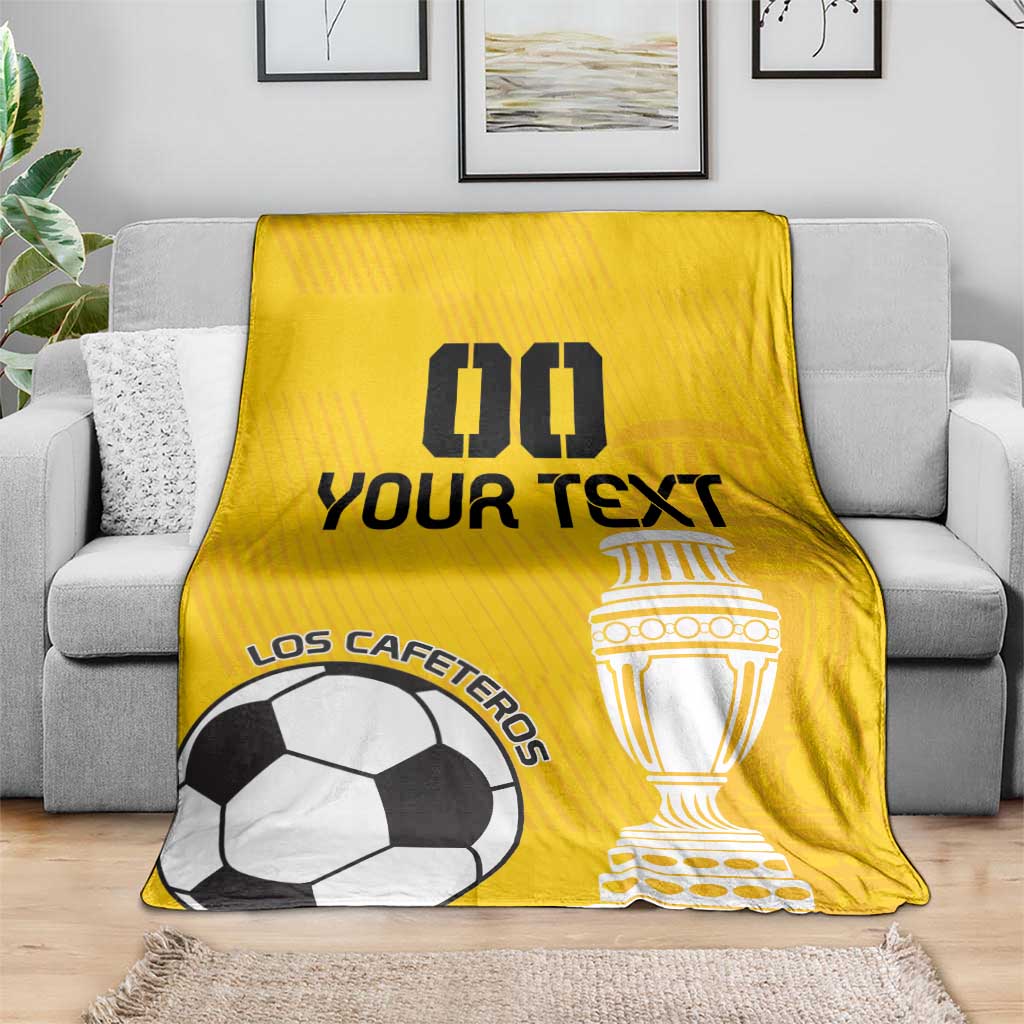 Yellow football blanket with trophy and soccer ball print plus custom text