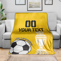 Yellow football blanket with trophy and soccer ball print plus custom text