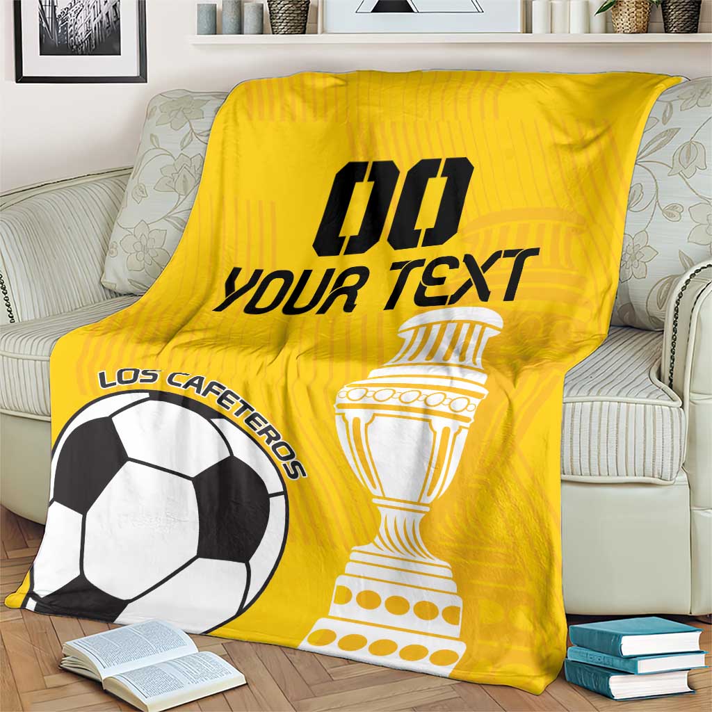 Yellow custom football blanket showing trophy, soccer ball, and large number graphic