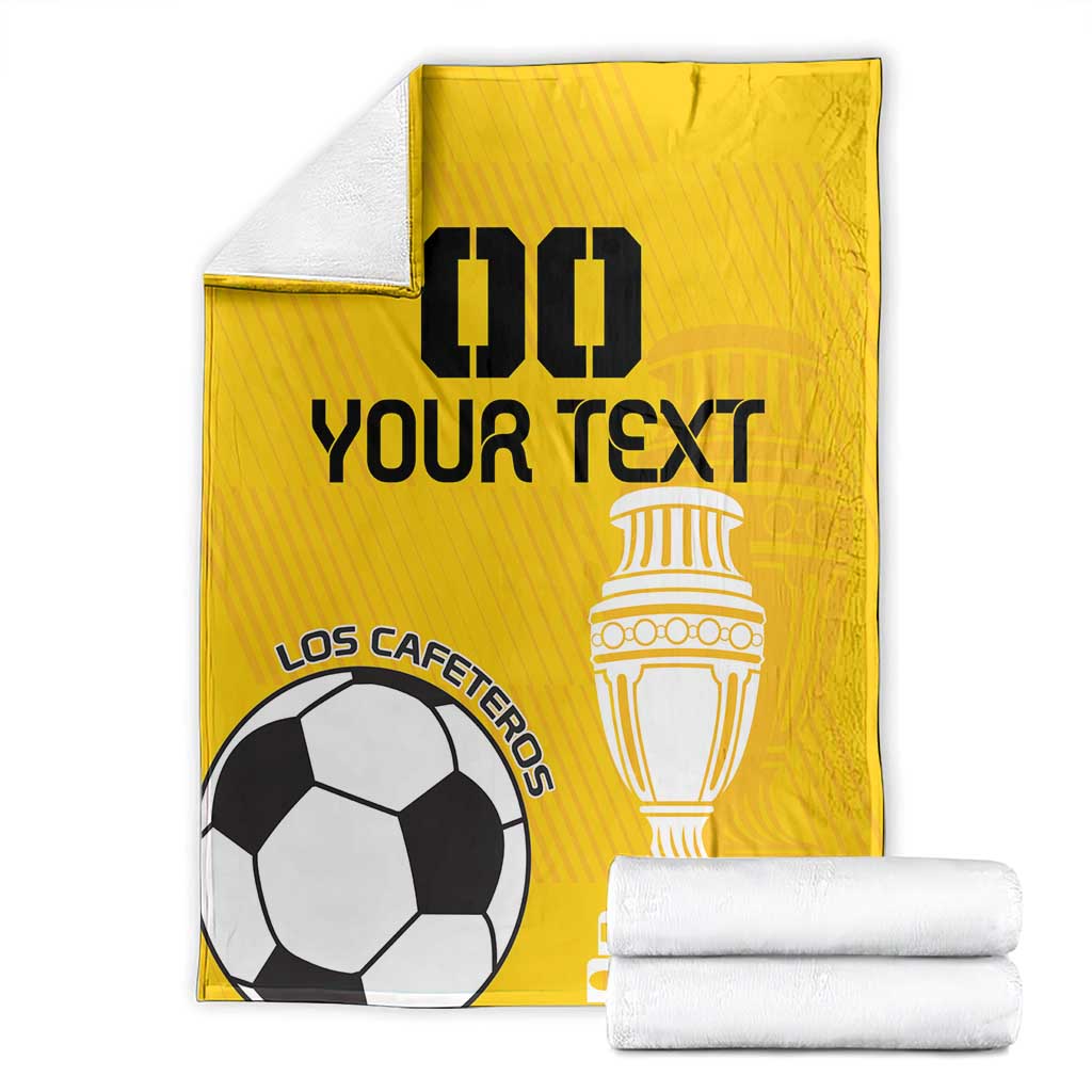 Yellow custom football blanket with trophy, soccer ball, and custom text folded