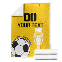 Yellow custom football blanket with trophy, soccer ball, and custom text folded