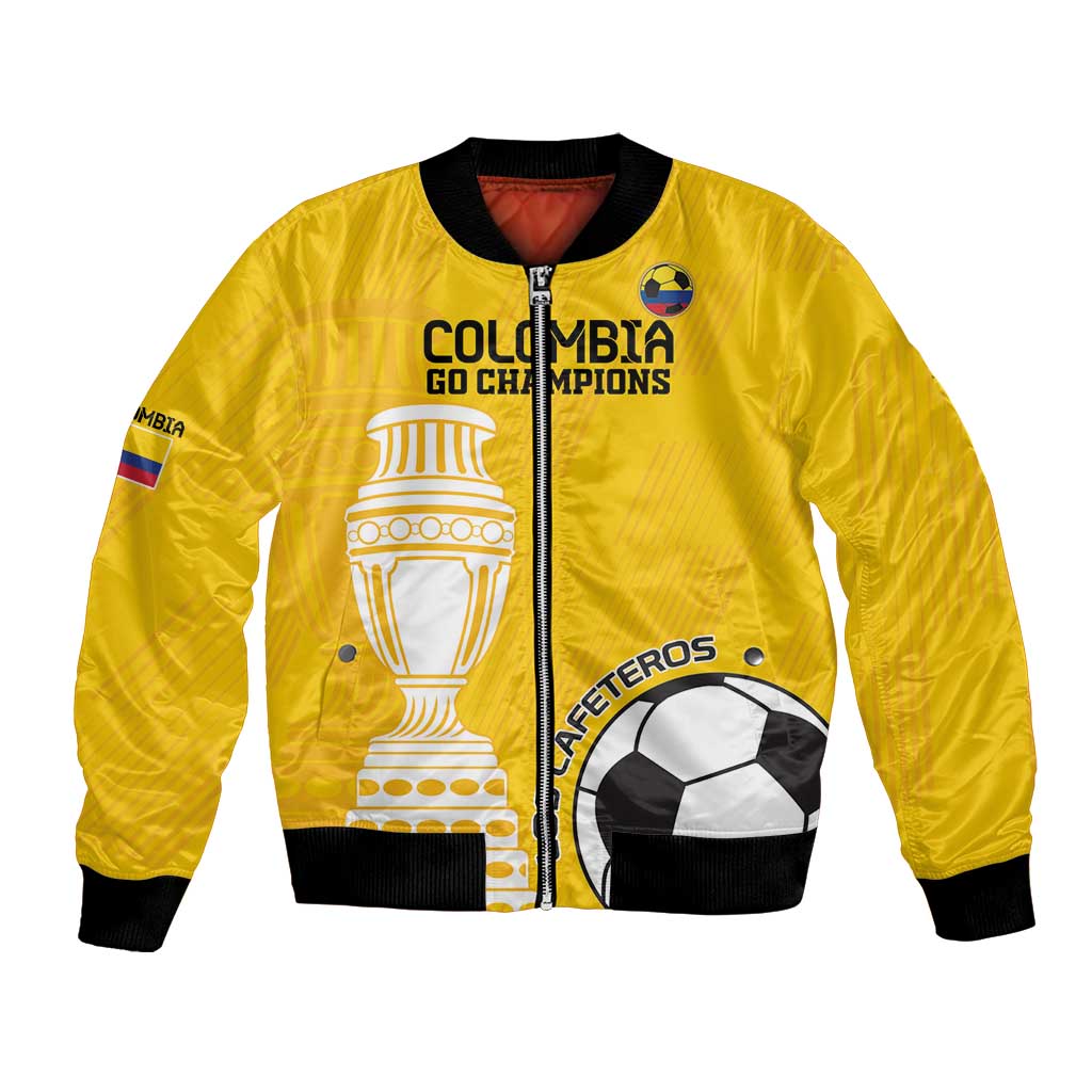 Yellow unisex football bomber jacket with front zipper and trophy, soccer graphic