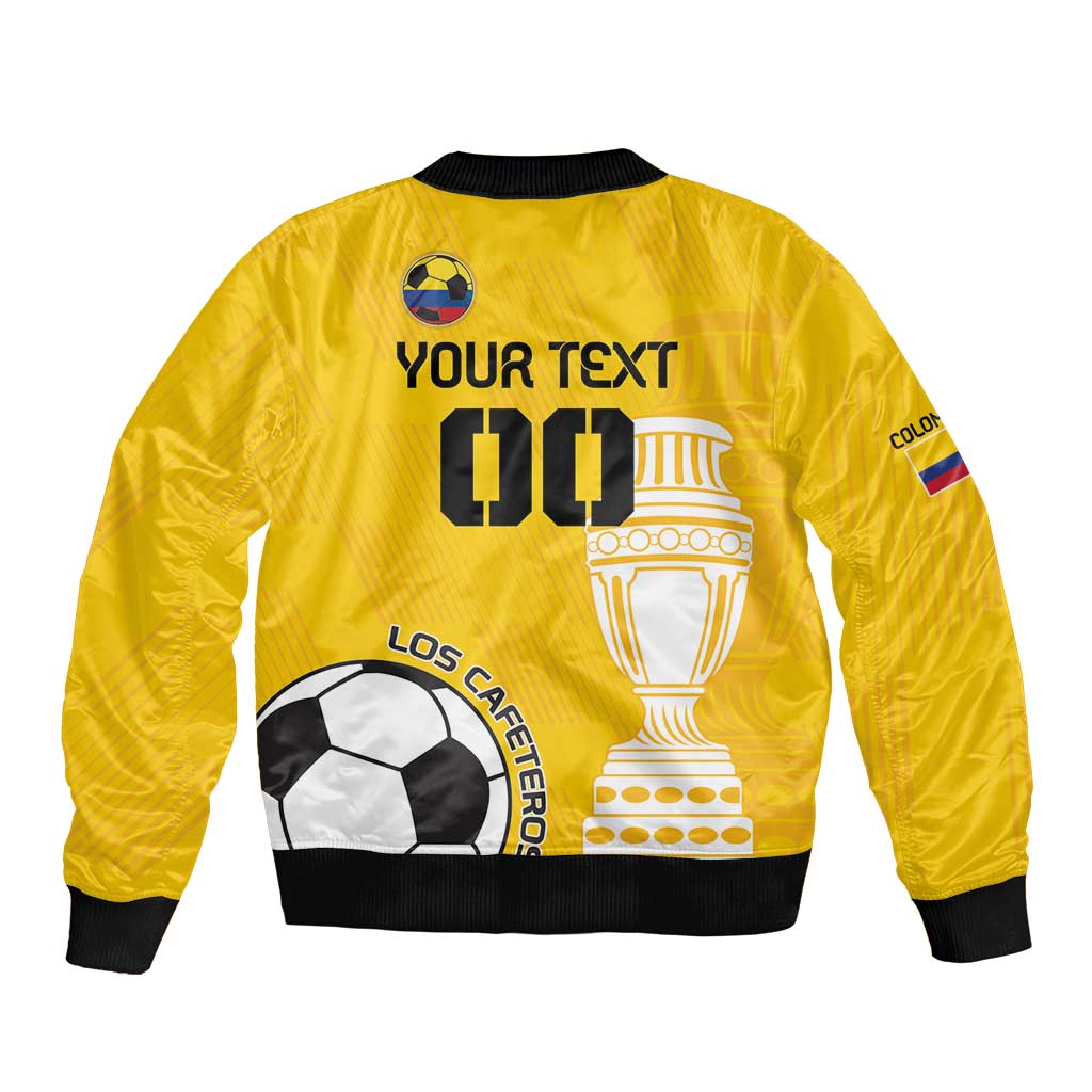 Yellow unisex football bomber jacket, back shows trophy, soccer ball and custom text 01