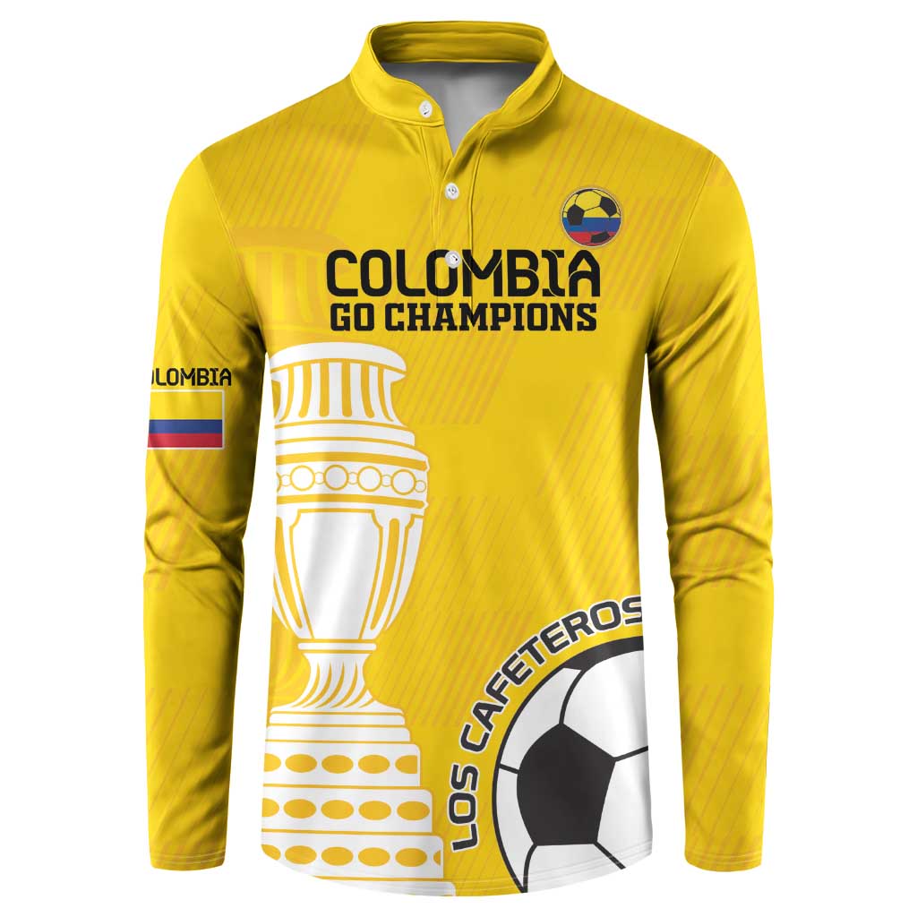 Yellow button sweatshirt with Colombia Go Champions text, trophy, and soccer ball Los Cafeteros graphic