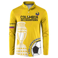 Yellow button sweatshirt with Colombia Go Champions text, trophy, and soccer ball Los Cafeteros graphic