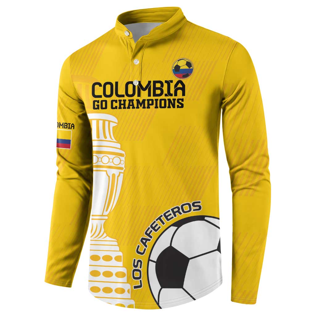 Yellow button sweatshirt with Colombia Go Champions logo, trophy, and Los Cafeteros soccer graphic