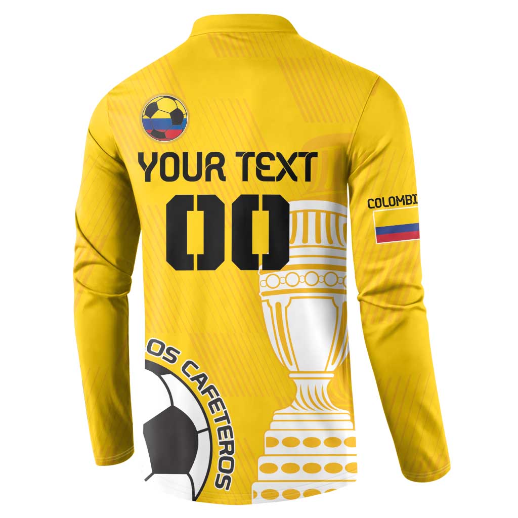 Yellow back button sweatshirt with YOUR TEXT 00, trophy, and soccer ball Los Cafeteros graphic