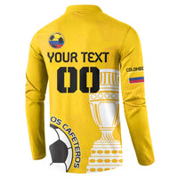 Yellow back button sweatshirt with YOUR TEXT 00, trophy, and soccer ball Los Cafeteros graphic
