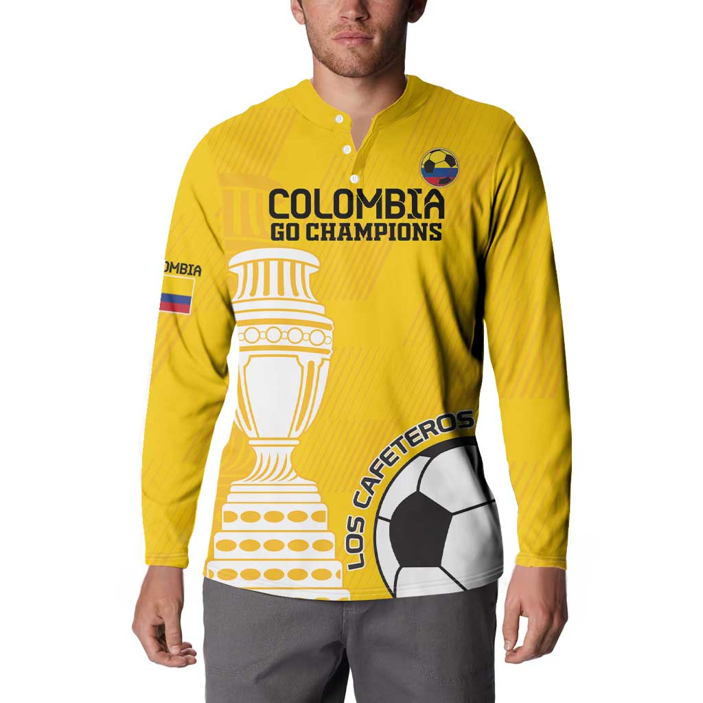 Yellow button sweatshirt worn by a man, featuring Colombia Go Champions logo and Los Cafeteros artwork