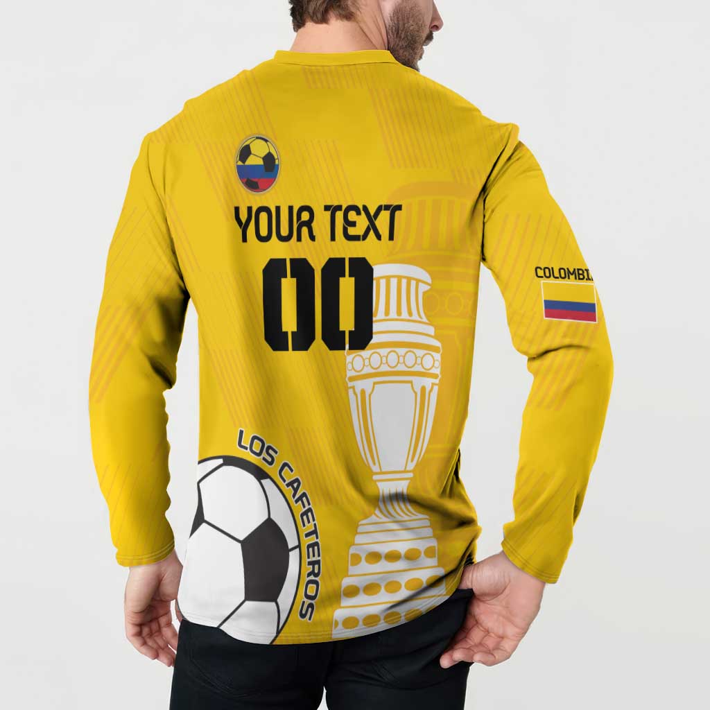 Yellow back view button sweatshirt with YOUR TEXT 00, trophy, and soccer ball Los Cafeteros graphic