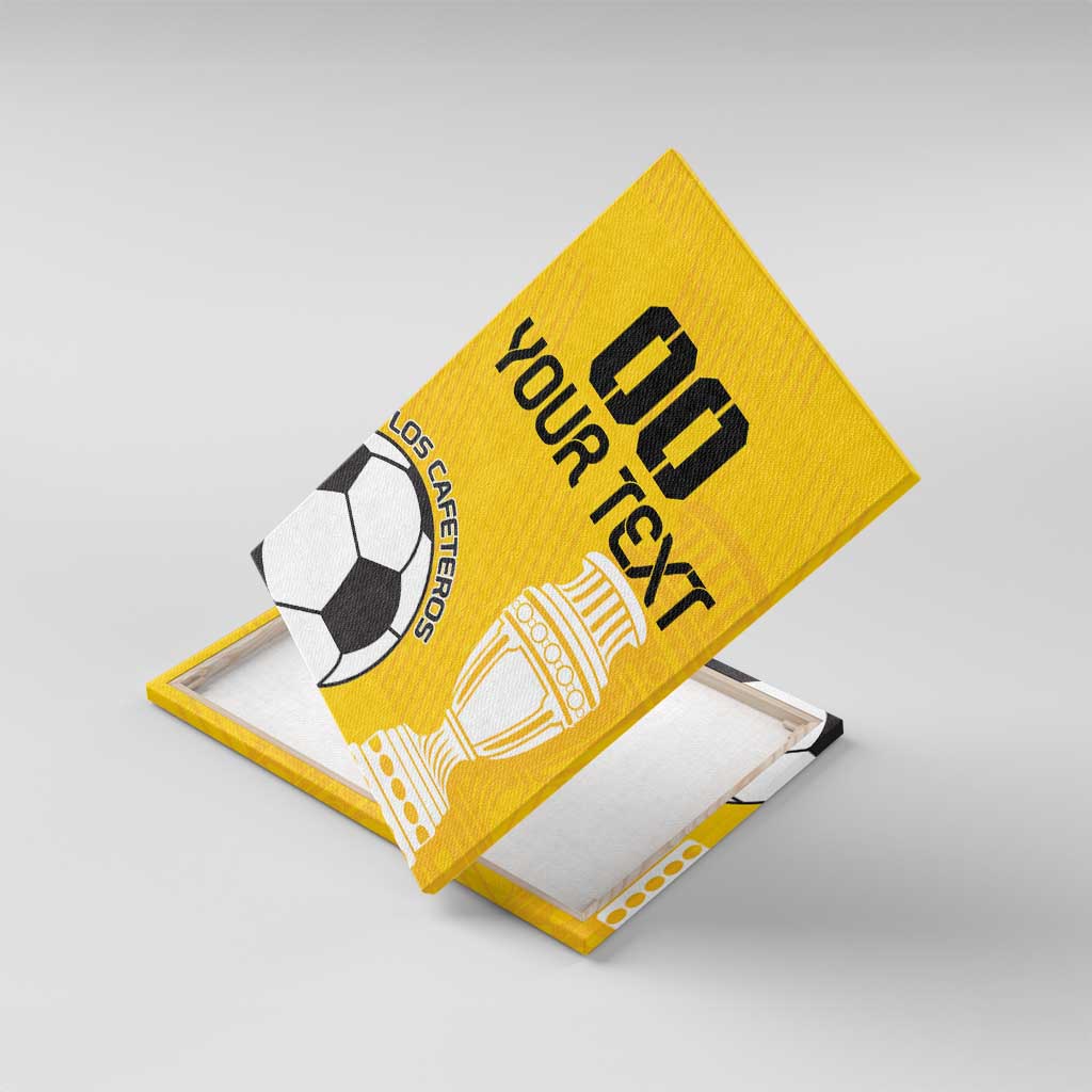 Yellow football canvas wall art angled view with soccer ball and trophy