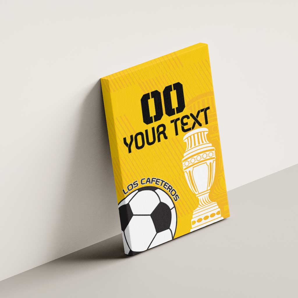 Yellow football canvas wall art on wall with trophy, soccer ball, and “YOUR TEXT”