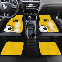 Yellow custom football car floor mats with trophy and soccer ball graphics