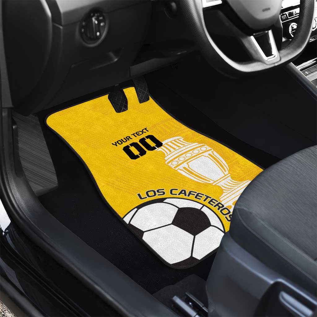 Yellow custom football car floor mat with trophy, soccer balls, and your text