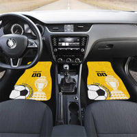 Yellow custom football front car floor mats with trophy and soccer ball graphics