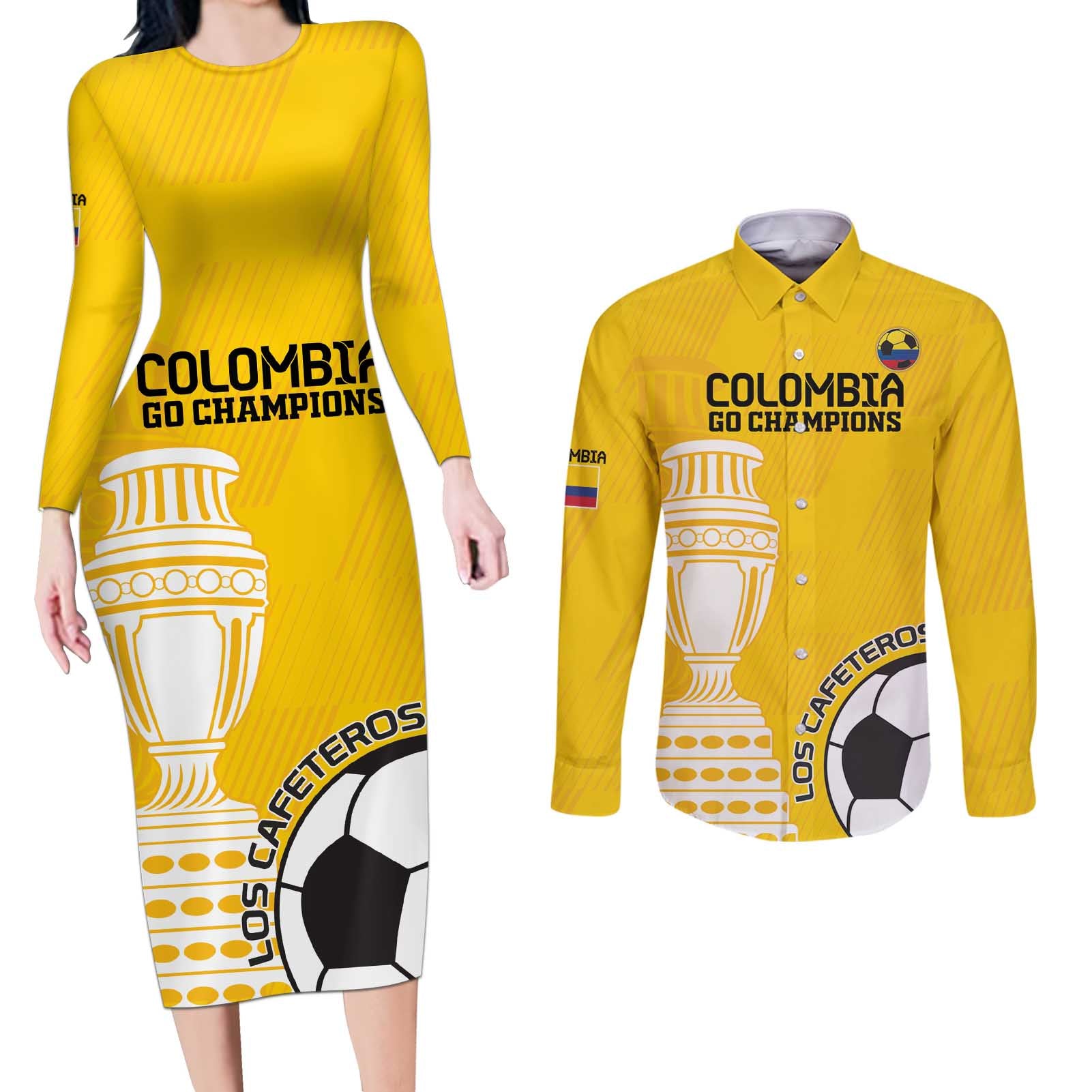 Custom Colombia Football Couples Matching Long Sleeve Bodycon Dress and Long Sleeve Button Shirt Go Champions - Wonder Print Shop