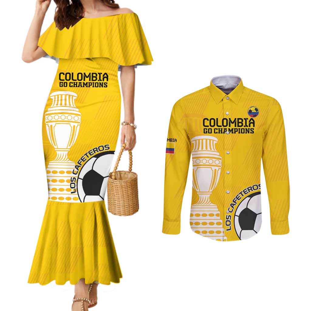 Custom Colombia Football Couples Matching Mermaid Dress and Long Sleeve Button Shirt Go Champions