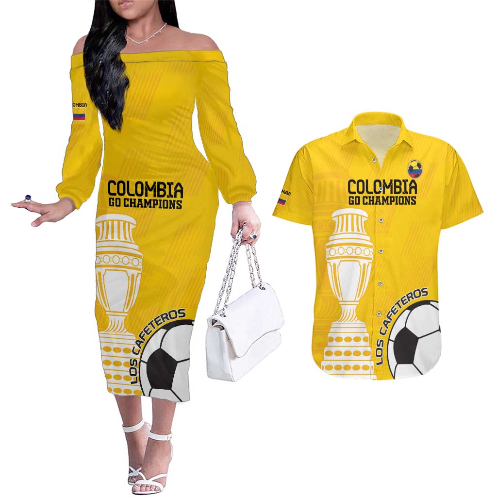 Custom Colombia Football Couples Matching Off The Shoulder Long Sleeve Dress and Hawaiian Shirt Go Champions - Wonder Print Shop