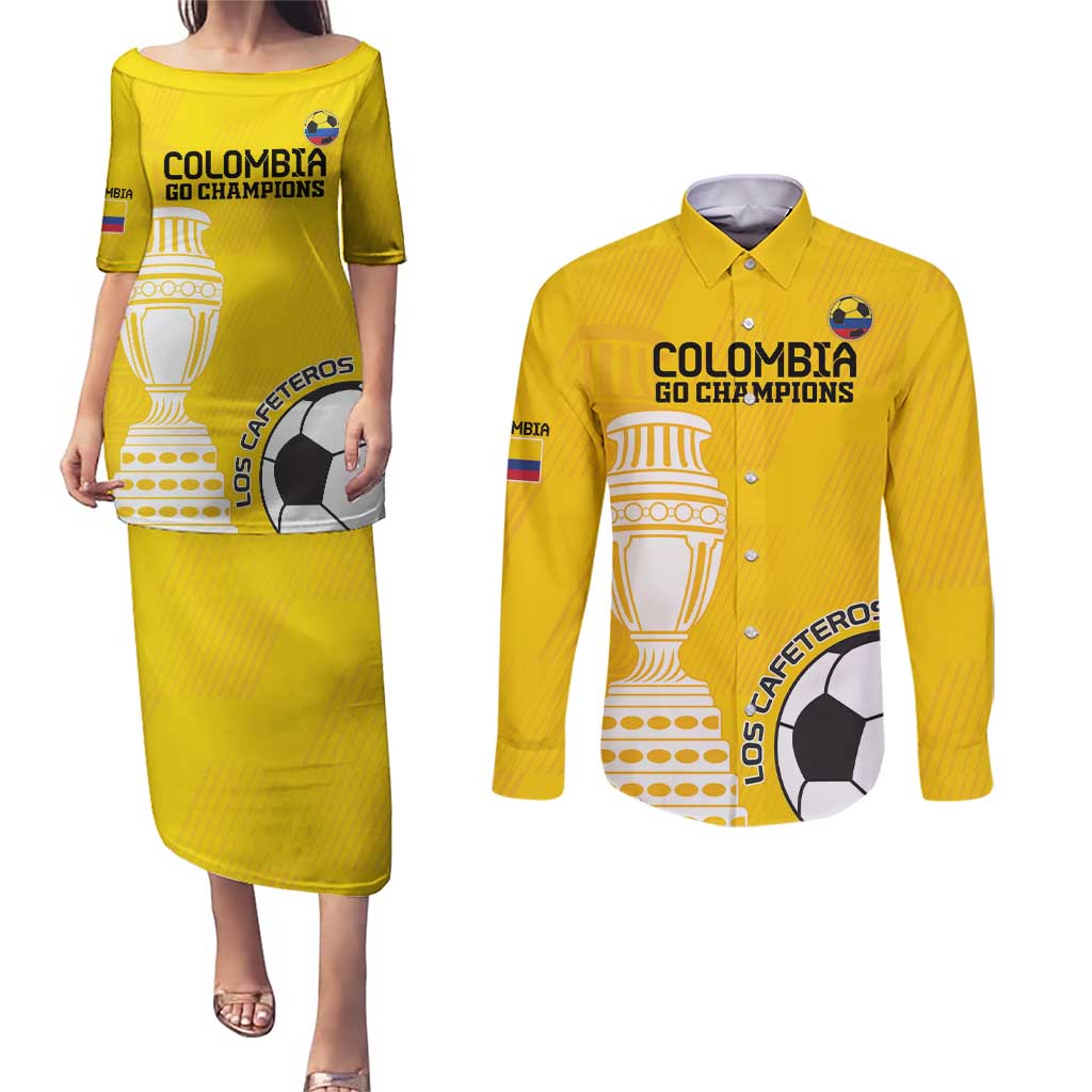 Custom Colombia Football Couples Matching Puletasi and Long Sleeve Button Shirt Go Champions - Wonder Print Shop