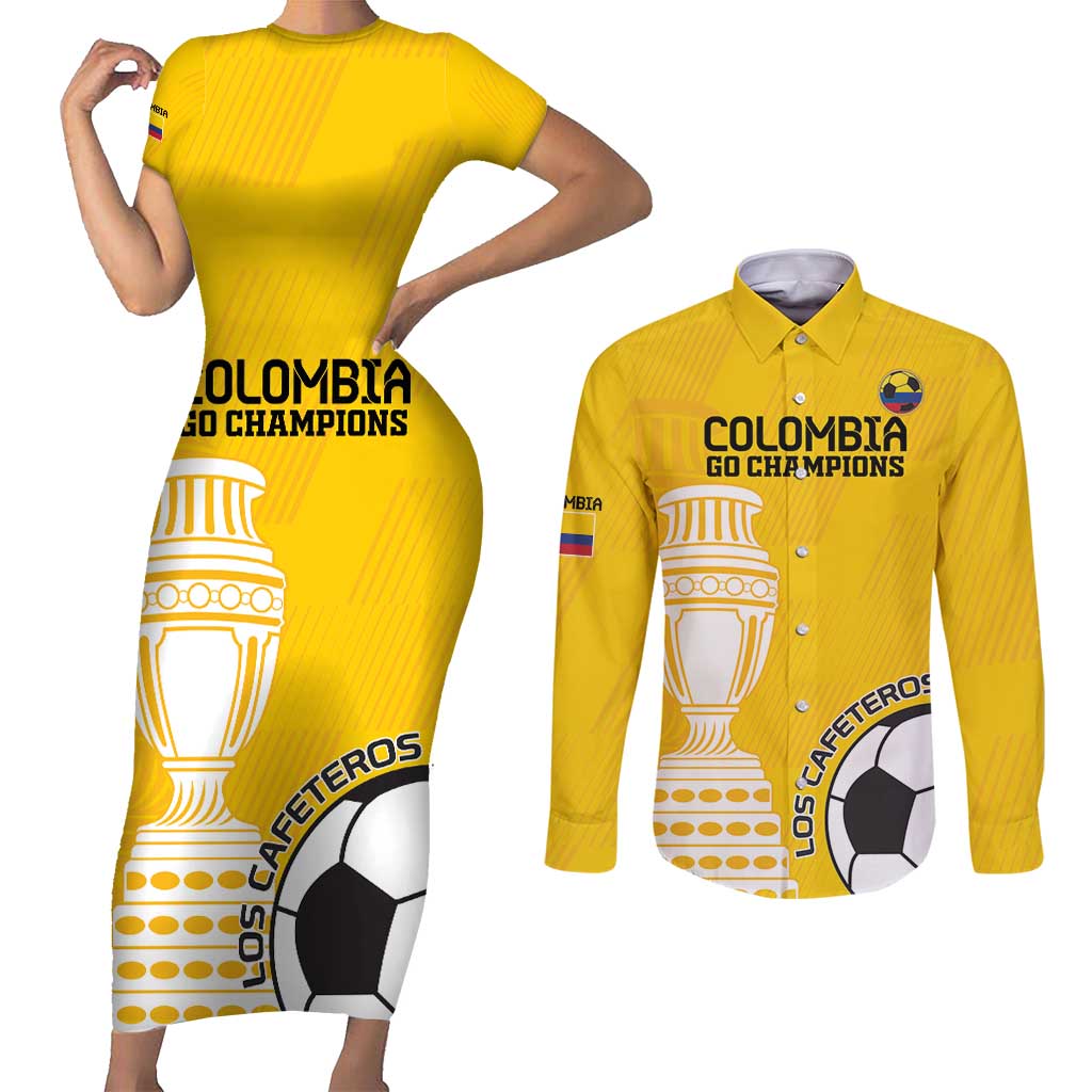 Custom Colombia Football Couples Matching Short Sleeve Bodycon Dress and Long Sleeve Button Shirt Go Champions - Wonder Print Shop