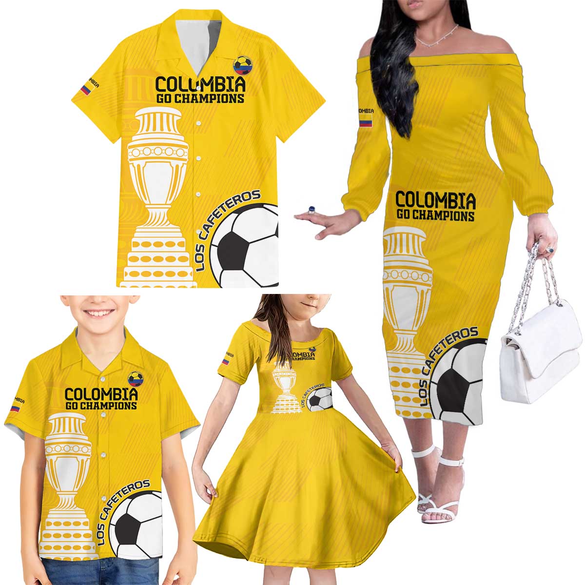 Custom Colombia Football Family Matching Off The Shoulder Long Sleeve Dress and Hawaiian Shirt Go Champions - Wonder Print Shop