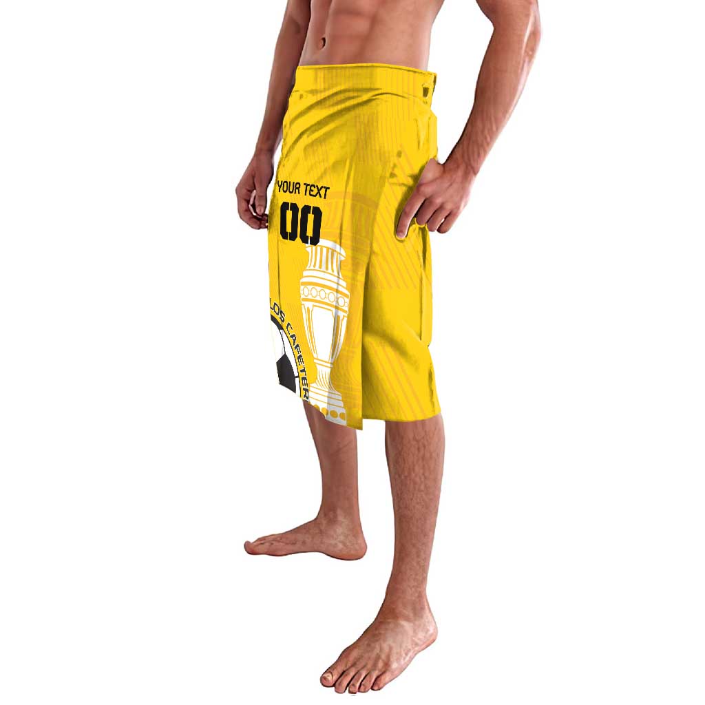 Yellow football-style shorts with side pocket and front trophy text graphic