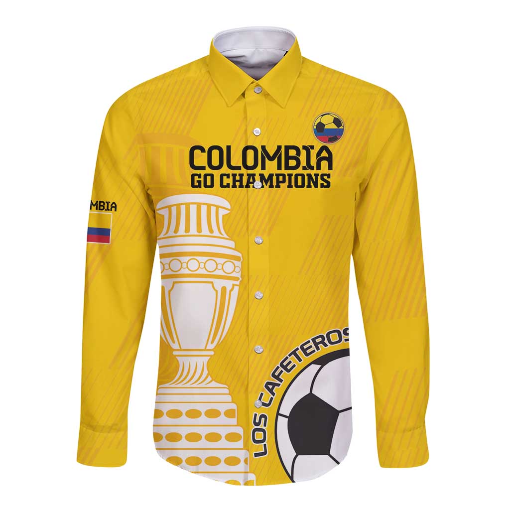 Yellow long-sleeve button football shirt with Colombia Champions crest and trophy graphic