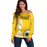 Yellow off-shoulder football sweater with front Champions graphic and long sleeves