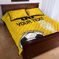 Yellow football quilt bed set with two pillowcases, soccer ball artwork and stitched pattern