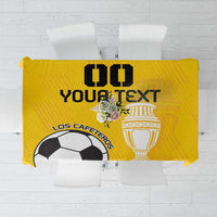 Yellow football tablecloth with 'YOUR TEXT' headline, soccer ball, and trophy