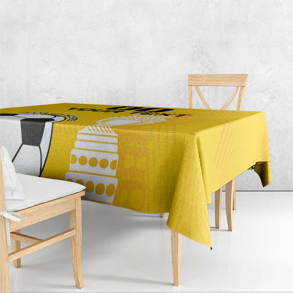 Yellow football tablecloth with soccer ball and trophy print