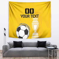 Yellow football tapestry with soccer ball, trophy, and bold black text design
