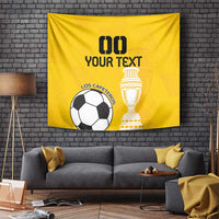 Yellow football tapestry wall hanging with soccer ball, trophy, and black lettering