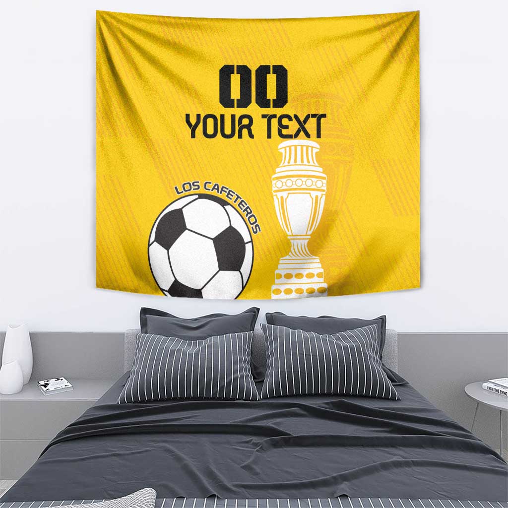 Yellow football tapestry with soccer ball and trophy graphic plus black text
