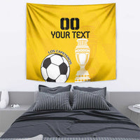 Yellow football tapestry with soccer ball and trophy graphic plus black text