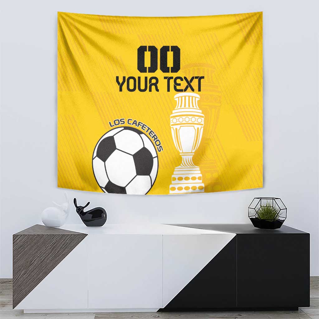 Yellow football tapestry featuring soccer ball, trophy, and black typographic design