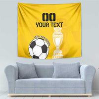 Yellow football tapestry with soccer ball and trophy artwork and black lettering