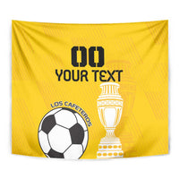 Yellow football tapestry close-up: soccer ball, trophy, and black "DO YOUR TEXT" text