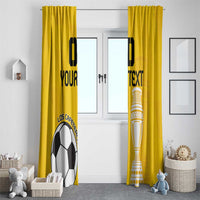 Yellow football curtain panels with soccer ball and trophy graphics