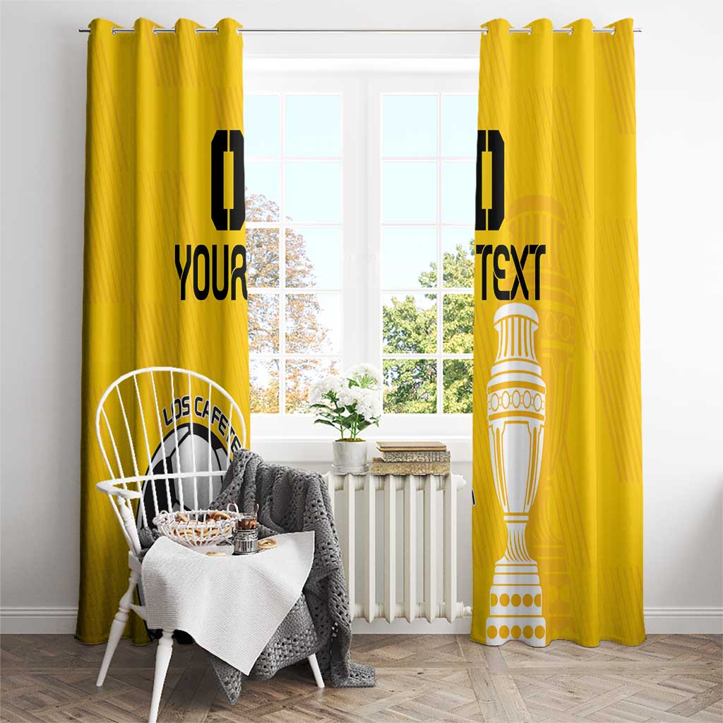 Yellow football curtain set with soccer ball and trophy artwork