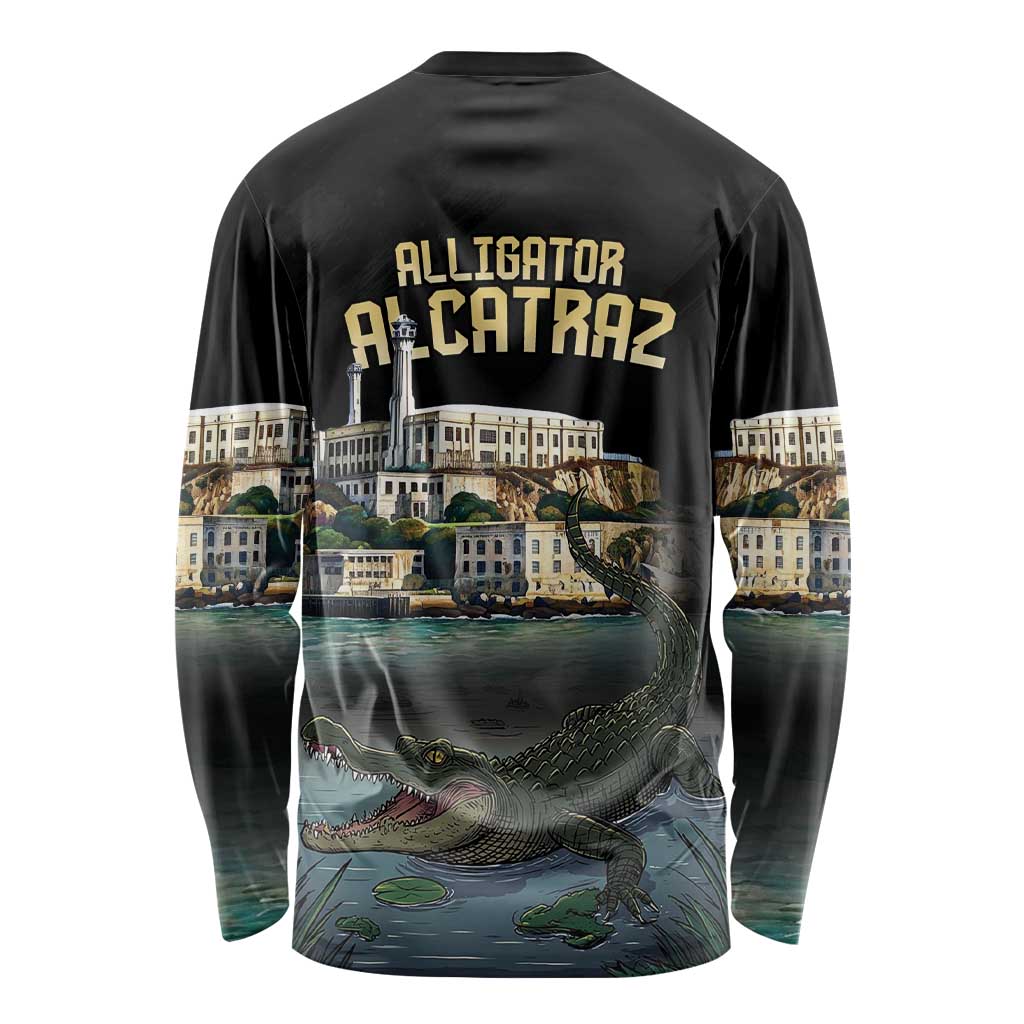 Black long-sleeve graphic shirt with alligator in water, Alcatraz-style buildings, large back print