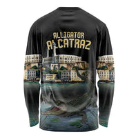 Black long-sleeve graphic shirt with alligator in water, Alcatraz-style buildings, large back print