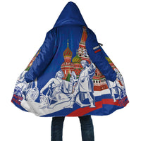 Unisex blue hooded cloak with large Russian scene print and cape hem