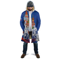 Unisex blue hooded cloak, front view with colorful city and warrior print